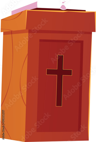 Tribune with cross rood and Holy bible open book, vector flat Catholic cathedral teaches religious texts, Church worship