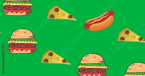 Multiple burger, pizza and hot dog icons moving in seamless pattern on black background