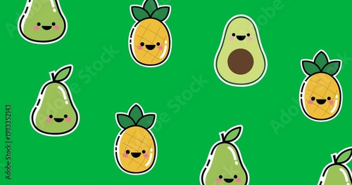 Multiple avocado, guava and pineapple icons moving in seamless pattern against black background