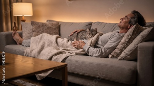 Man relaxing on sofa with cat in cozy home interior