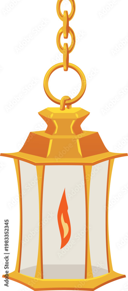 Fototapeta premium Vintage lantern with burning candle hanging on a chain, vector flat ceiling lamp with gold lampshade, antique chandelier