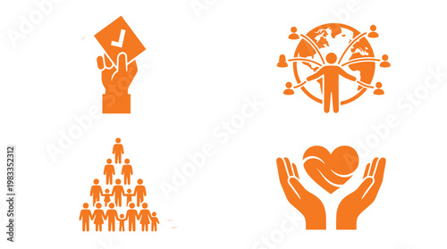 Global Community and Social Support Icons Depicting Democratic Voting Worldwide Connectivity Human Rights Protection and Caring Hands Holding Large Heart
