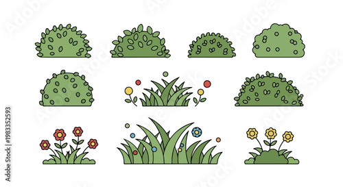 Flat line art garden bushes and grass set, 10 green shrubbery and flower plant icons, minimalist landscape vegetation vector elements