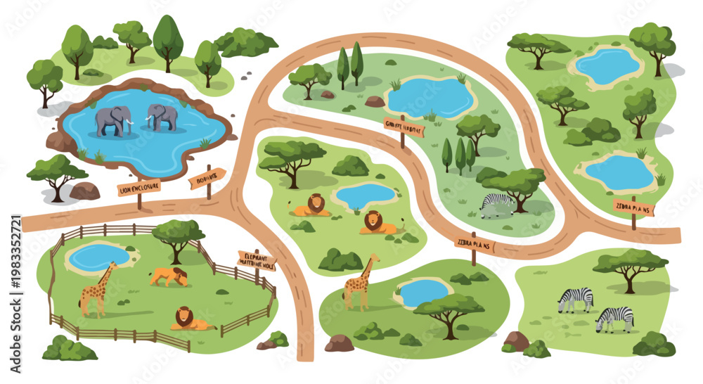 Naklejka premium Safari park map vector illustration, zoo landscape with wild animals and winding roads, nature reserve with elephants and lions, wildlife sanctuary