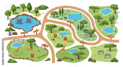 Safari park map vector illustration, zoo landscape with wild animals and winding roads, nature reserve with elephants and lions, wildlife sanctuary