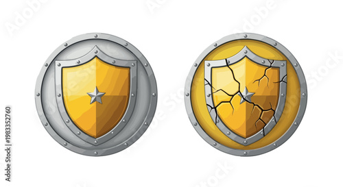 Medieval golden shield vector set, intact and broken yellow shields with silver metal frames, protective armor icons for gaming and security