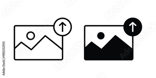 Upload photo icon outline style. Black solid silhouette style icons