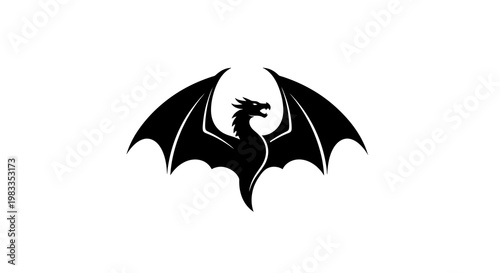 Black Dragon Silhouette with Wings Spread Wide on White Background