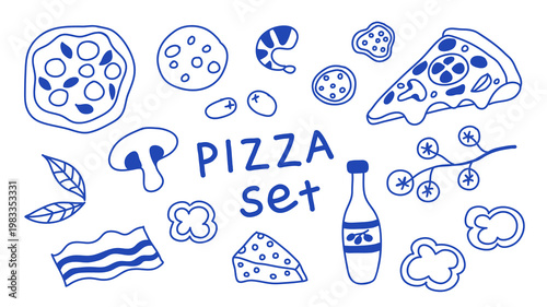 Sketch doodle style illustration of pizza with tomatoes, peppers, mushrooms, cheese, and olive oil. Menu, food design, pizza cooking. Pizza set, vector elements