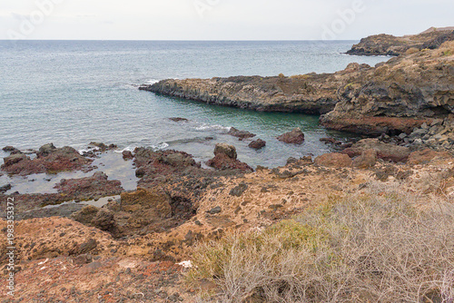 Obraz na płótnie rocky shrubland on the coast of the calm blue Atlantic ocean in Tenerife, Canary