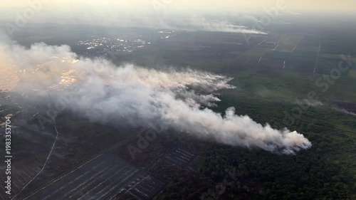 Smoke rises thick, curling over burning forest