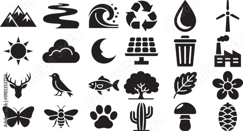 Nature and Industry Icons Set: Mountains, River, Sun, Cloud, Deer, Bird, Butterfly, Bee