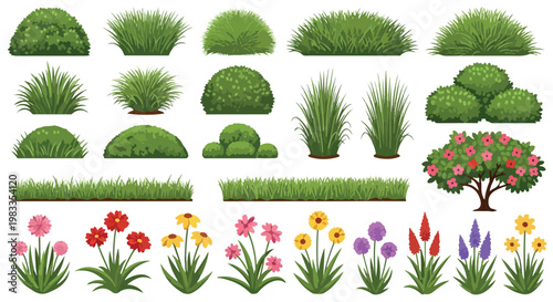 Green garden plants and bushes collection, vector set of 25 landscape elements, floral shrubs and grass tufts for architectural visualization