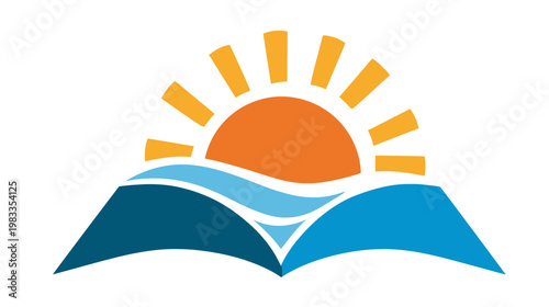 Vibrant vector graphic of an open book with a bright rising sun and flowing blue waves, symbolizing knowledge, education, and inspiration.