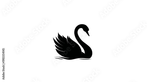 Elegant black swan silhouette swimming on water, isolated on white background. Graceful aquatic bird logo design concept.