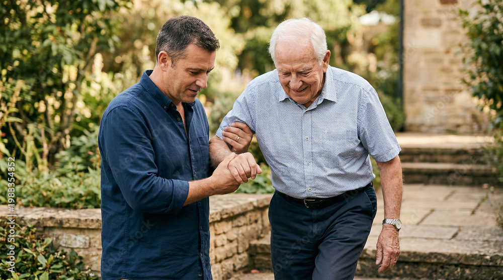 Fototapeta premium Two senior men talking in the garden.