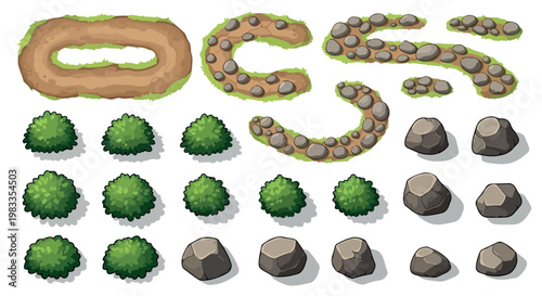 Isometric landscape game assets, cartoon garden path and stone walkway set, green bushes and grey rocks collection for map design and level building