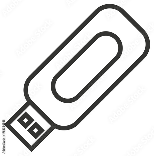 Black line vector icon of a USB flash drive or thumb drive for data storage and file transfer, minimalist outline illustration isolated on white background for technology and computing designs.
