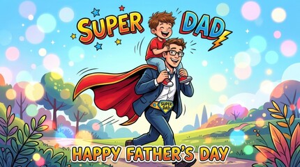 Happy Father's Day Superhero Dad Illustration with Child