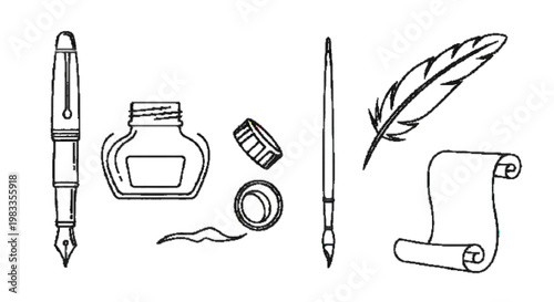 Calligraphy and writing tools icon set, fountain pen, ink bottle, feather quill, brush, paper scroll, elegant line art style, isolated on white background, premium vector design