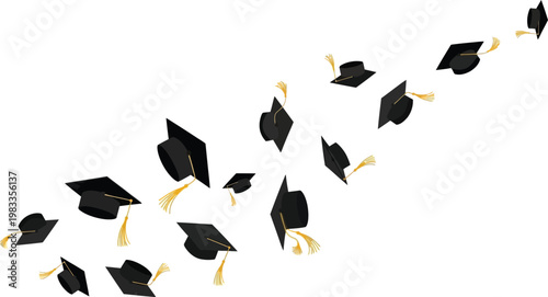 Graduation caps floating in the air symbolize the collective joy and celebration of students during a commencement ceremony.