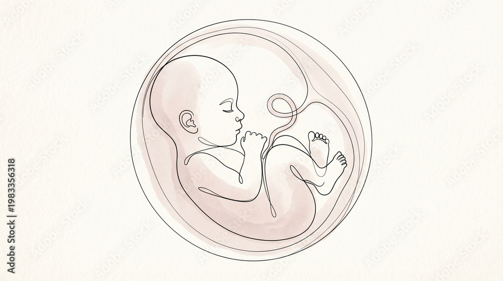 Fototapeta premium Continuous line drawing of a human fetus in the womb, minimalist embryo illustration symbolizing pregnancy, new life, and prenatal development isolated on white background