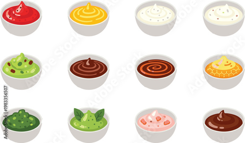 Collection of assorted sauces and dips in white bowls including ketchup mustard mayonnaise pesto and chocolate flat vector illustration.