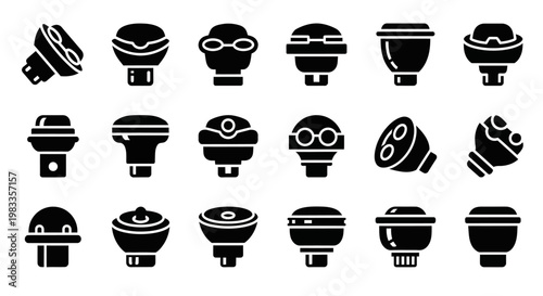 20 Black Light Bulb Icons, Vector Light Bulb Symbols, Black and White Lighting Fixture Illustrations, Editable Graphic Elements
