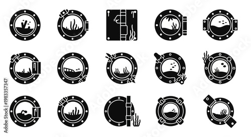 Industrial gauge icons set, 15 black and white vector graphics, pressure meter symbols, industrial equipment illustrations, gauge meter designs