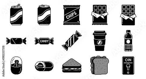 Black and white, monochrome food icons, snack pack, vector graphics