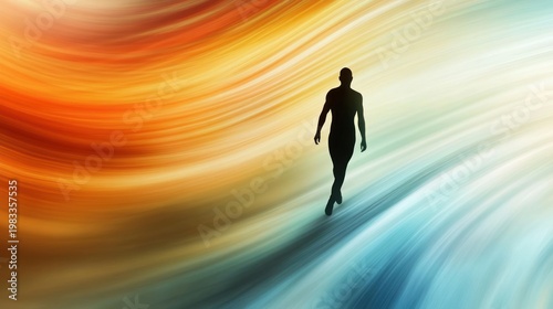 Silhouette of a person walking on a colorful background