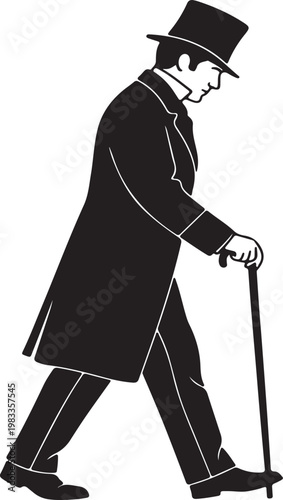 Stylized silhouette of a dapper gentleman in a top hat and long coat, walking gracefully with a cane, evoking 19th-century elegance.