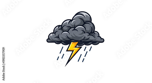 Dramatic storm cloud icon with lightning and rain, bold silhouette, minimal shadow, clean and modern design, isolated on white background for versatile graphic use.