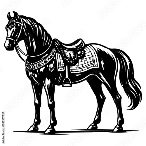 Horse in side view wearing bridle and saddle with detailed tack, elegant equestrian animal silhouette. Perfect for ranch and western branding, riding club logos, horse sport posters, farm designs.
