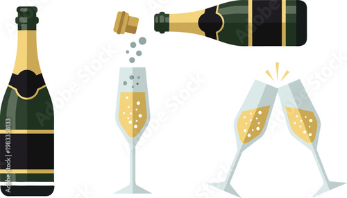 Champagne bottle and glasses set with popping cork and bubbles for luxury celebration and party toast vector illustration.