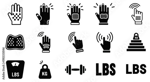 Fitness icons, workout symbols, hand gestures, weightlifting graphics, exercise signs