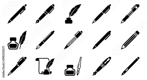 Cuadro en lienzo Black pen icons set, 15 writing instrument vector symbols, fountain pen and inkw