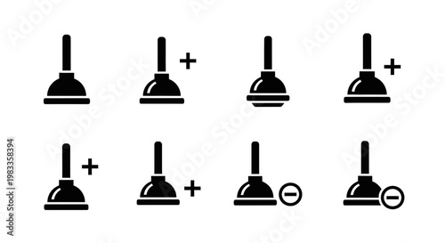 Black and white vector icons of toilet plungers, plumbing symbols, bathroom tools, 8 graphic elements