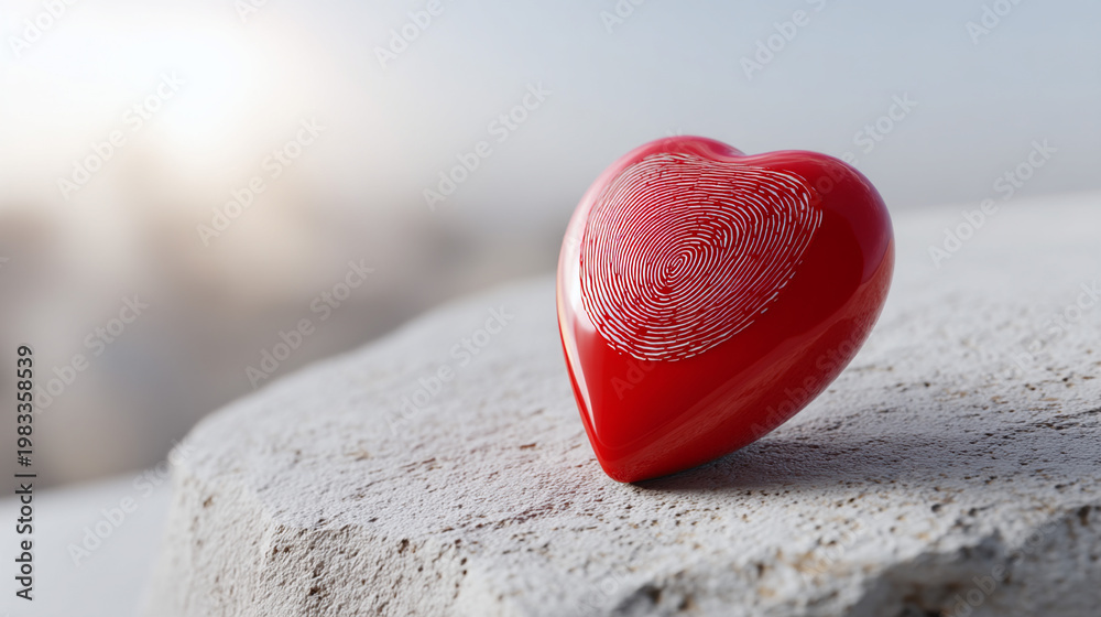 Fototapeta premium Glossy red heart with unique fingerprint detail resting on a rough concrete surface, symbolizing love, identity, and security with copy space.