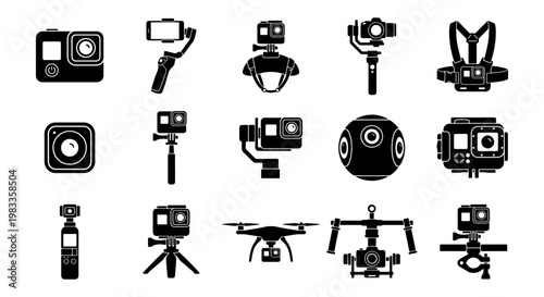 Action camera icon set with 15 vector elements, professional video equipment and filmmaking gear icons, black silhouette vlogging tools