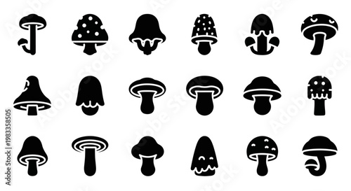 Black mushroom icons, fungal symbols, vector graphics, 20 illustration set