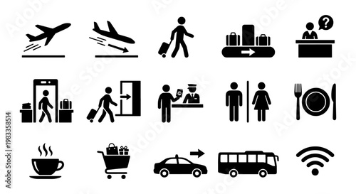 Airport icon set with 15 black vector silhouettes, travel terminal navigation symbols, flight and transportation signage for wayfinding