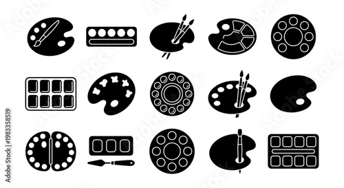 Minimalist paint palette icons set, 15 black silhouette artist palette vectors, creative painting tools and watercolor tray symbols for art design