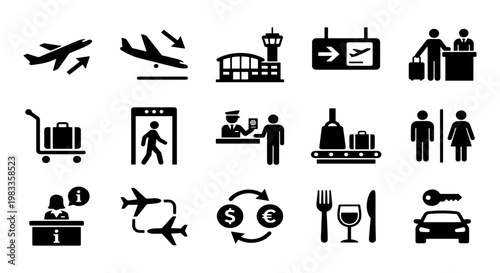Airport icon set with 15 black vector symbols, travel and aviation navigation signs, flight terminal services and transportation graphics