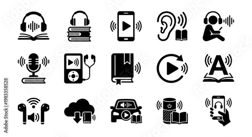 Audiobook icon set with 15 black vector symbols, digital listening and online education icons, podcast and e-learning graphic elements for mobile apps