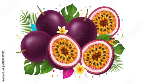 Vector Illustration of Fresh Passion Fruits with Tropical Leaves and Flowers for Exotic, Healthy Food, and Beverage Designs