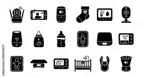 Smart baby monitor icons, 18 black solid nursery technology symbols, digital infant care equipment set, wireless newborn safety and health devices