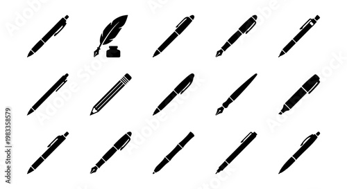 Minimalist pen and pencil icons set, 15 black stationery vector elements, professional office writing tools collection for business and education