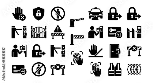 Security access control icon set, black solid glyph symbols for restricted area and entrance protection, 24 vector elements for safety and surveillance
