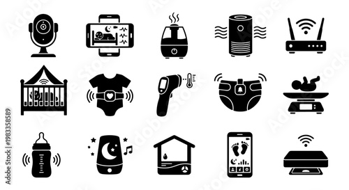 Smart baby monitor icon set, 15 black nursery technology glyphs, digital infant care and health tracking equipment, wireless parenting devices